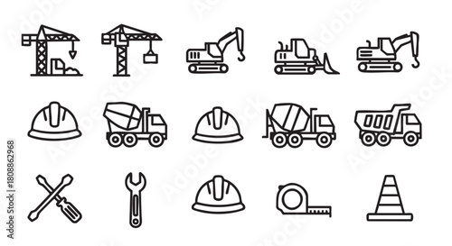 Construction icons set with cranes helmet tools and concrete mixer truck