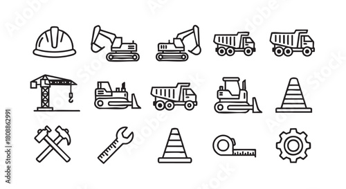 Construction Outline Icons Set Hard Hat Excavator Crane Bulldozer Hammers Wrench