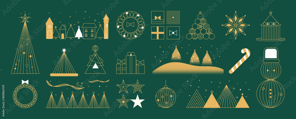 Naklejka premium Christmas and Happy New Year vector mid century line art illustration set with festive elements in dark green and gold tones — elegant design for greeting cards