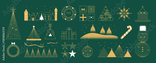 Christmas and Happy New Year vector mid century line art illustration set with festive elements in dark green and gold tones — elegant design for greeting cards
