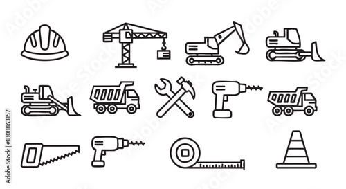 Construction vehicle and equipment outline icons illustration for various projects