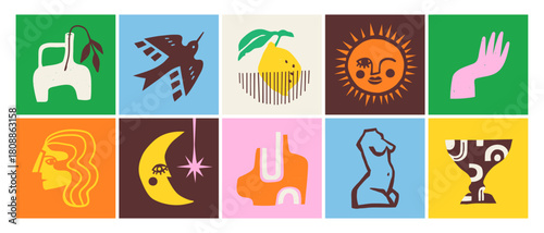 Set of modern abstract illustrations featuring organic forms, bold Matisse style shapes, nature elements, and minimalist celestial symbols.