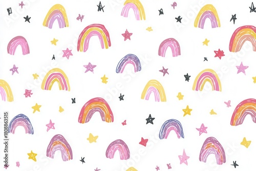 Hand-Drawn Rainbows and Stars Seamless Pattern on White