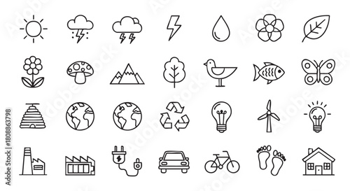 Eco Friendly Icons Black and White Set for Environment Illustration