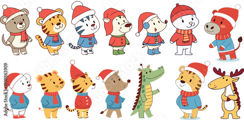 Festive Christmas animal characters in winter clothes and santa hats. Great for holiday cards, kids posters, stickers and seasonal projects. Vector EPS.
