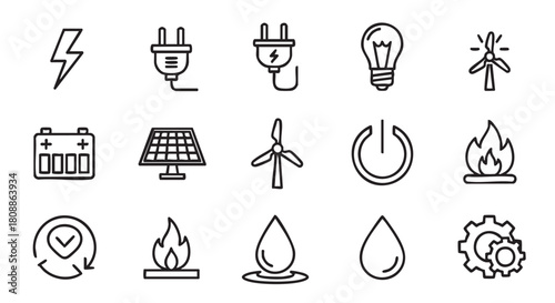 Eco friendly renewable energy sources represented with simple line art icons