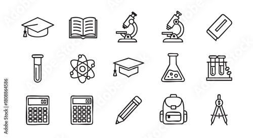 Education icons set with graduation cap book test tube calculator vector