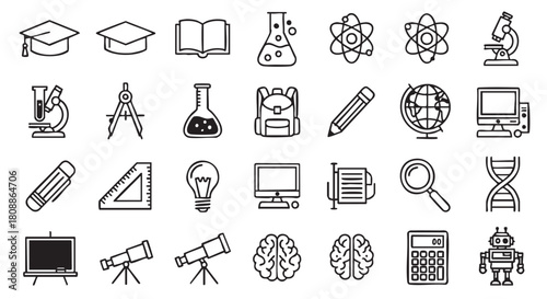 Education science and learning simple line icons set vector illustration