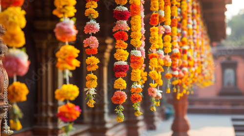 Colorful floral garlands hanging at Indian temple entrance