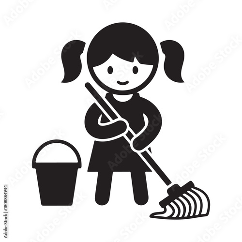 Little girl mopping the floor isolated on vector icon