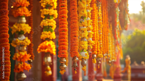 Marigold garlands hanging in temple corridor during festival