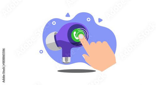 An illustration depicts a hand interacting with a wireless earbud, showcasing technology and modern communication on a white background.