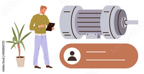 Engineer assessing machinery performance using a tablet. Nearby plant and user profile interface suggest innovation, technology, monitoring, productivity, engineering roles, automation. A clean