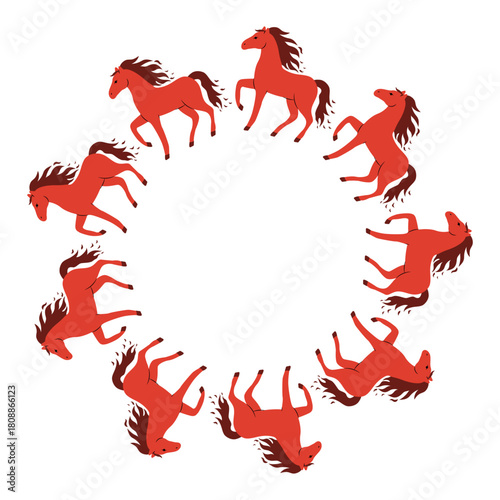 The Year of the Horse in the Chinese zodiac. A round frame with a red horse.