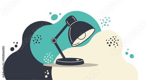 A modern desk lamp illuminates with a bright light against a backdrop of abstract, flowing shapes in shades of teal, black, and cream.