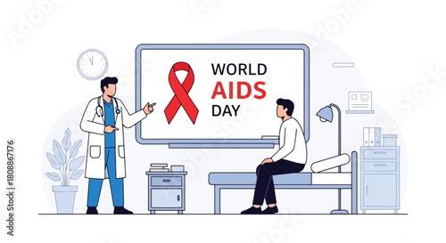 Doctor in a hospital room showing a screen with the Red Ribbon and World AIDS Day text to a female patient. Depicts HIV awareness, healthcare, support, and medical education