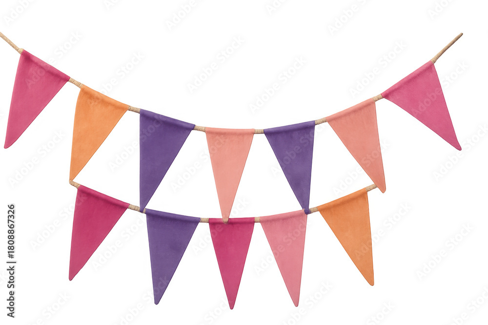 Obraz premium Colorful festival party bunting garland hanging, celebration pennant flags decoration, vibrant festive banner for events isolated