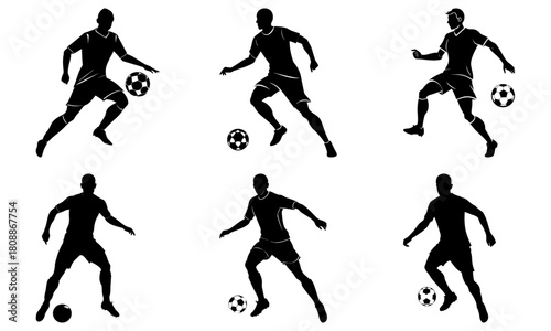 Six silhouettes of soccer players dribbling and controlling soccer balls in various positions and angles