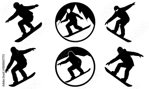 Silhouetted snowboarders in action and framed by mountain scenery in a dynamic graphic collection