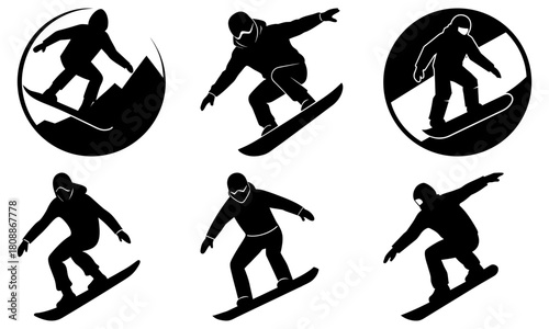Collection of snowboarders in action poses and snowboarder logos in black silhouette on white background