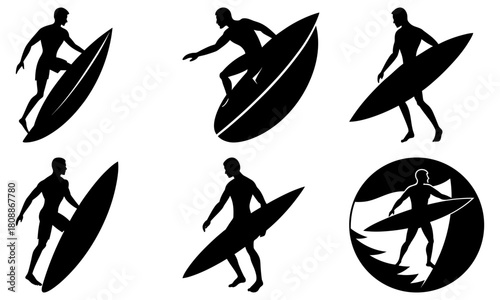 Silhouetted surfers in various poses with surfboards against a white studio background collection set