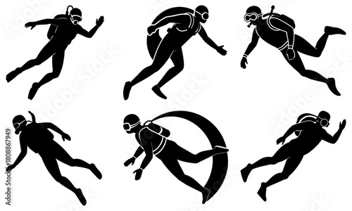 Silhouettes of scuba divers in various poses with diving gear on a white background underwater exploration