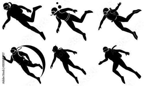 Silhouette illustrations of scuba divers in various poses against a white background design element