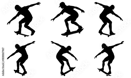 Silhouettes of skateboarders performing tricks in various poses on a white background in a dynamic composition