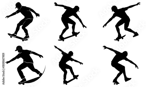Silhouettes of skateboarders performing tricks in various poses on a white background collection set image