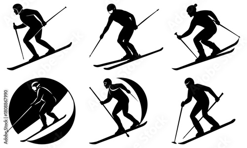 Silhouettes of skiers in various poses against a white background showcasing winter sports action and movement