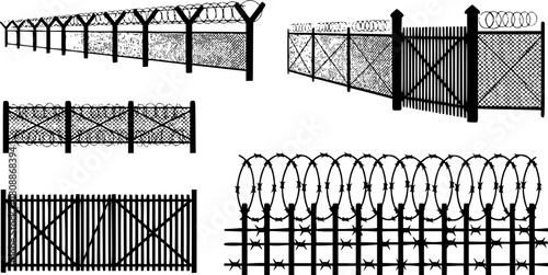 Black fence barbwire silhouettes. Trench war, fencing for house, close area, prison or military facility. Simple style neoteric vector