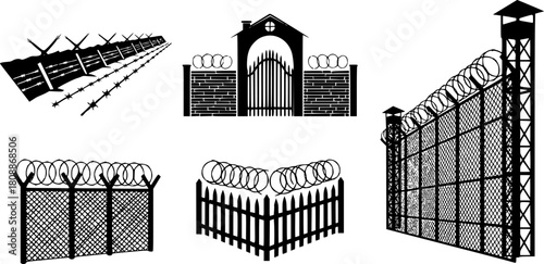 Black fence barbwire silhouettes. Trench war, fencing for house, close area, prison or military facility. Simple style neoteric vector