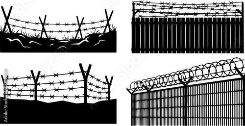 Black fence barbwire silhouettes. Trench war, fencing for house, close area, prison or military facility. Simple style neoteric vector