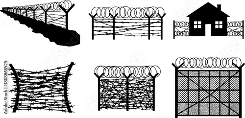 Black fence barbwire silhouettes. Trench war, fencing for house, close area, prison or military facility. Simple style neoteric vector