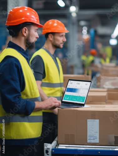 Warehouse workers analyzing logistics data on a laptop, managing supply chain operations and real time inventory on a conveyor belt in a modern distribution center