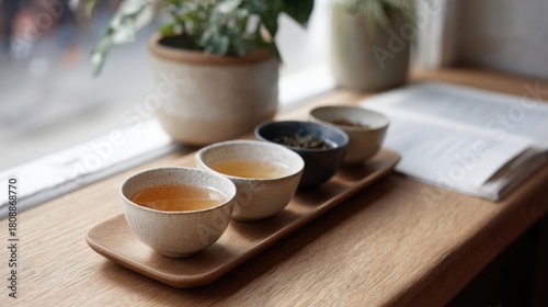 Wooden tray with three small bowls on it. the bowls are made of ceramic and have a speckled pattern. the tray is placed on a window sill with a potted plant and a book on the right side.