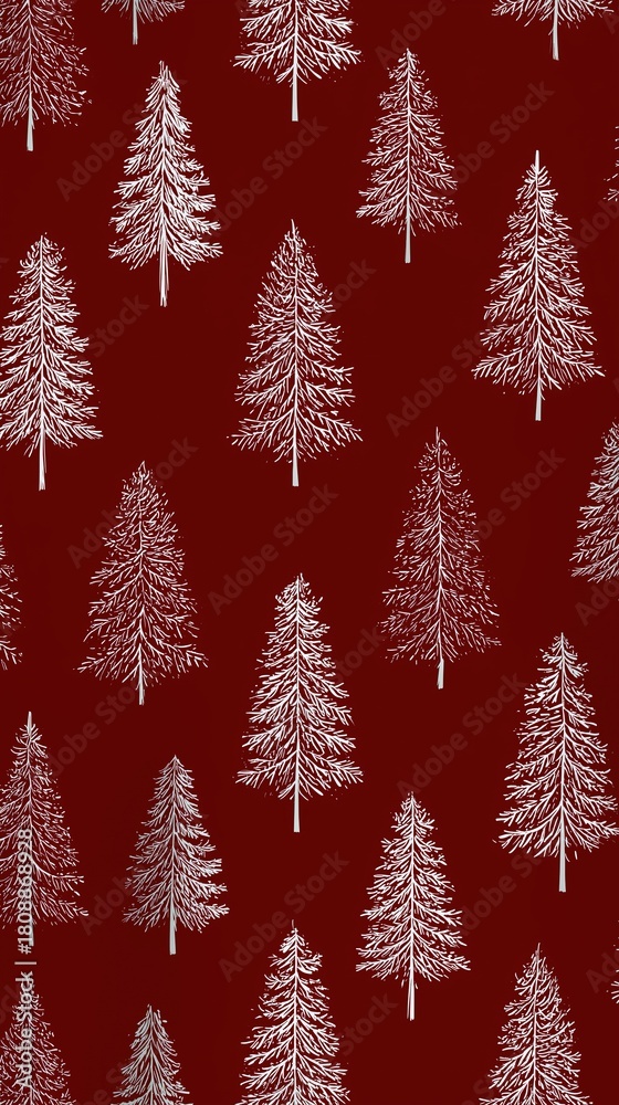 Obraz premium White Christmas trees pattern on dark red background 1