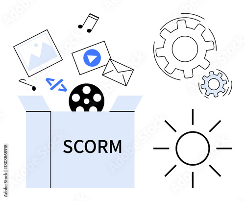 Open box labeled SCORM surrounded by multimedia icons image, video, music, email, a code snippet, and gears. Ideal for e-learning, file sharing, content storage education technology and automation