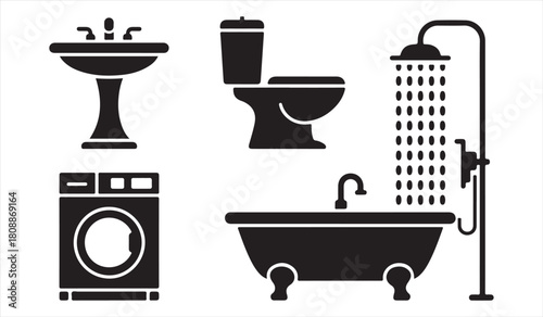 Home Utility Silhouettes Featuring Bathroom Appliances and Plumbing Elements