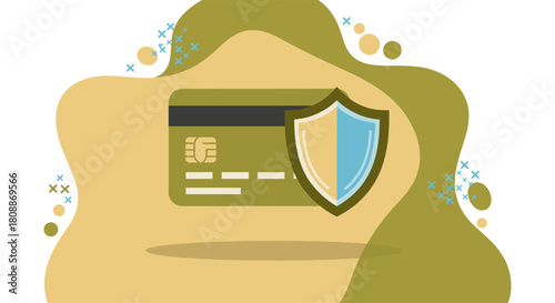 A secure credit card illustration shows protection with a shield, representing safe online transactions and financial security in a digital age.