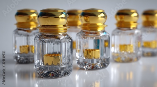 Elegant Glass Perfume Bottles with Golden Caps on a Smooth Surface in a Creative Arrangement