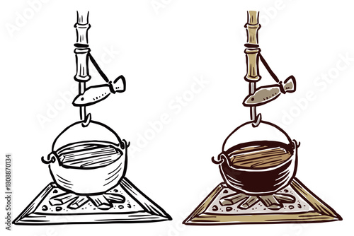 囲炉裏鍋　筆タッチ手描きイラスト　線画とカラー