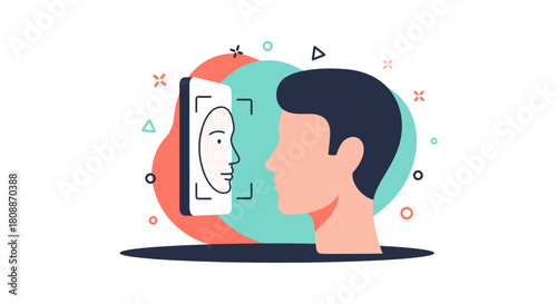 An illustration depicts facial recognition technology scanning a human face for identification and verification with abstract elements.