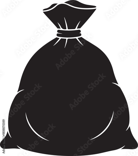 Black silhouette of a tied drawstring bag filled with contents sack