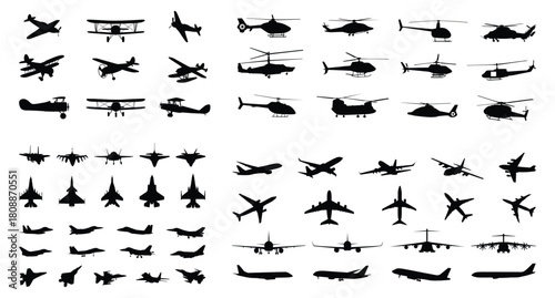 Airplane and Aircraft silhouettes, Planes, Jets, and Helicopters Aviation vector collection