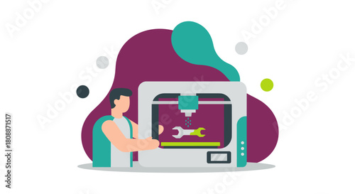 A person is operating a 3D printer, with a wrench icon displayed on the screen, showcasing technology and innovation in modern manufacturing.