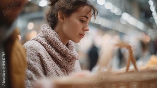 Young woman in a shopping mall. she is wearing a pink knitted scarf around her neck and has her hair tied up in a bun. she appears to be deep in thought, with a serious expression on her face.