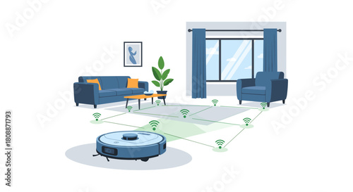 A modern robotic vacuum cleaner navigates a smart home, optimizing cleaning routes with advanced sensors and mapping technology for efficient floor care.