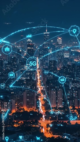 Night Cityscape 5G Network Connectivity Futuristic Icons Glowing Blue Lights