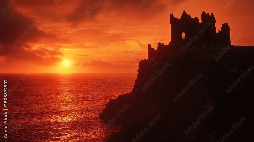 Obraz premium The ruins of a medieval castle on a clifftop in Ireland, silhouetted against a fiery sunset over the Atlantic ocean, dramatic, historic, and romantic.
